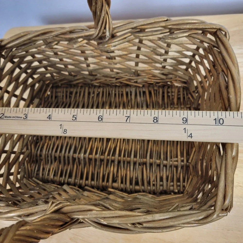 Gold Painted Wicker Flower Basket Vintage Gathering Woven Basket With Handle